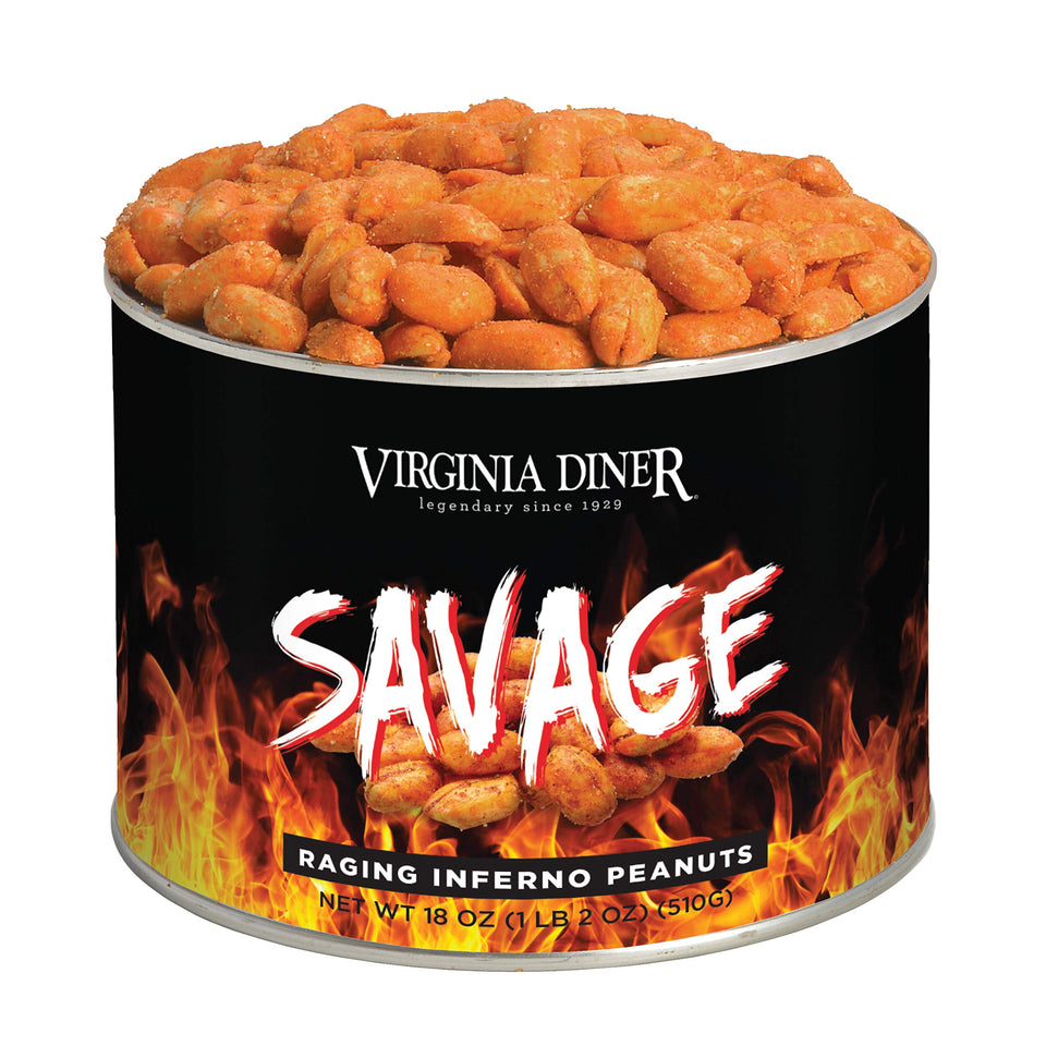 Virginia Diner Savage Flaming Hot Peanuts blister-roasted tin, bold party snack.