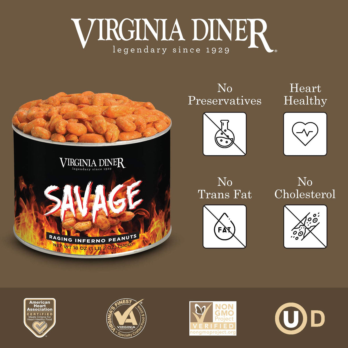 Virginia Diner Savage Flaming Hot Peanuts close-up with bold heat and rich flavor.