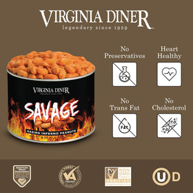 Virginia Diner Savage Flaming Hot Peanuts close-up with bold heat and rich flavor.