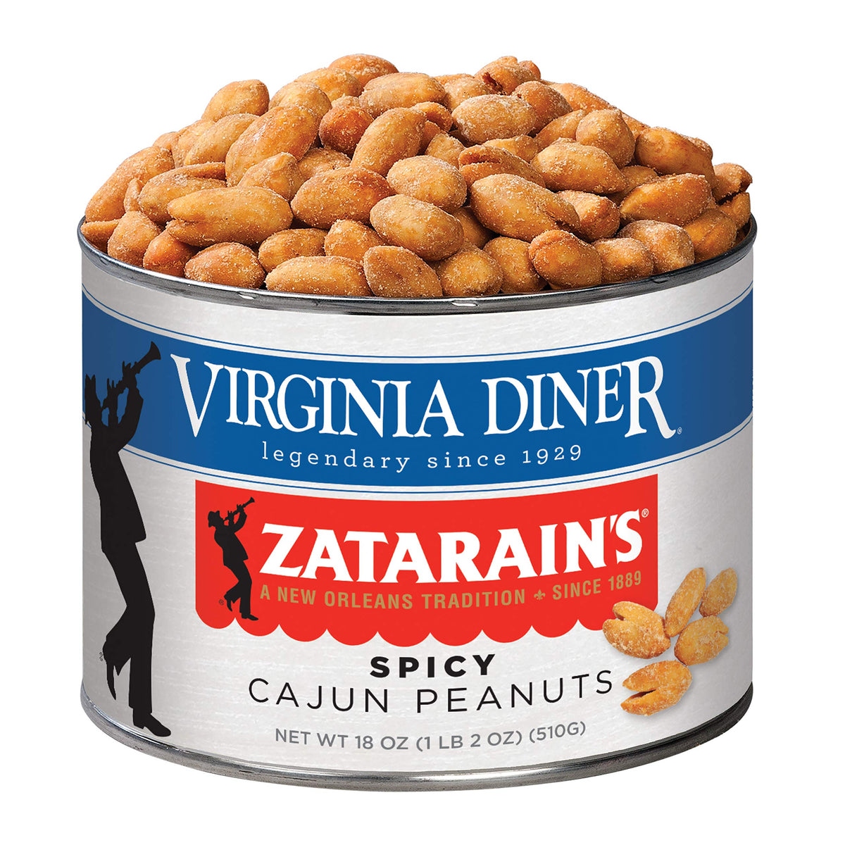 Virginia Diner spicy Cajun peanuts in an 18 oz tin showing bold flavor and freshness.