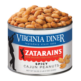 Virginia Diner spicy Cajun peanuts in an 18 oz tin showing bold flavor and freshness.
