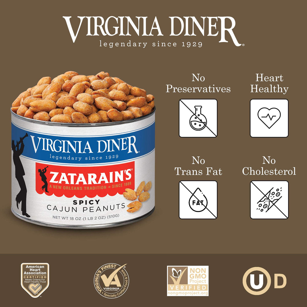 Virginia Diner spicy Cajun peanuts label emphasizes non-GMO quality.