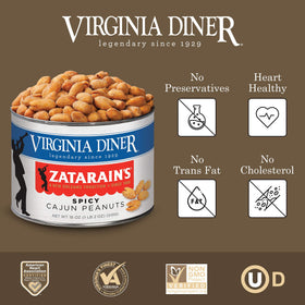 Virginia Diner spicy Cajun peanuts label emphasizes non-GMO quality.
