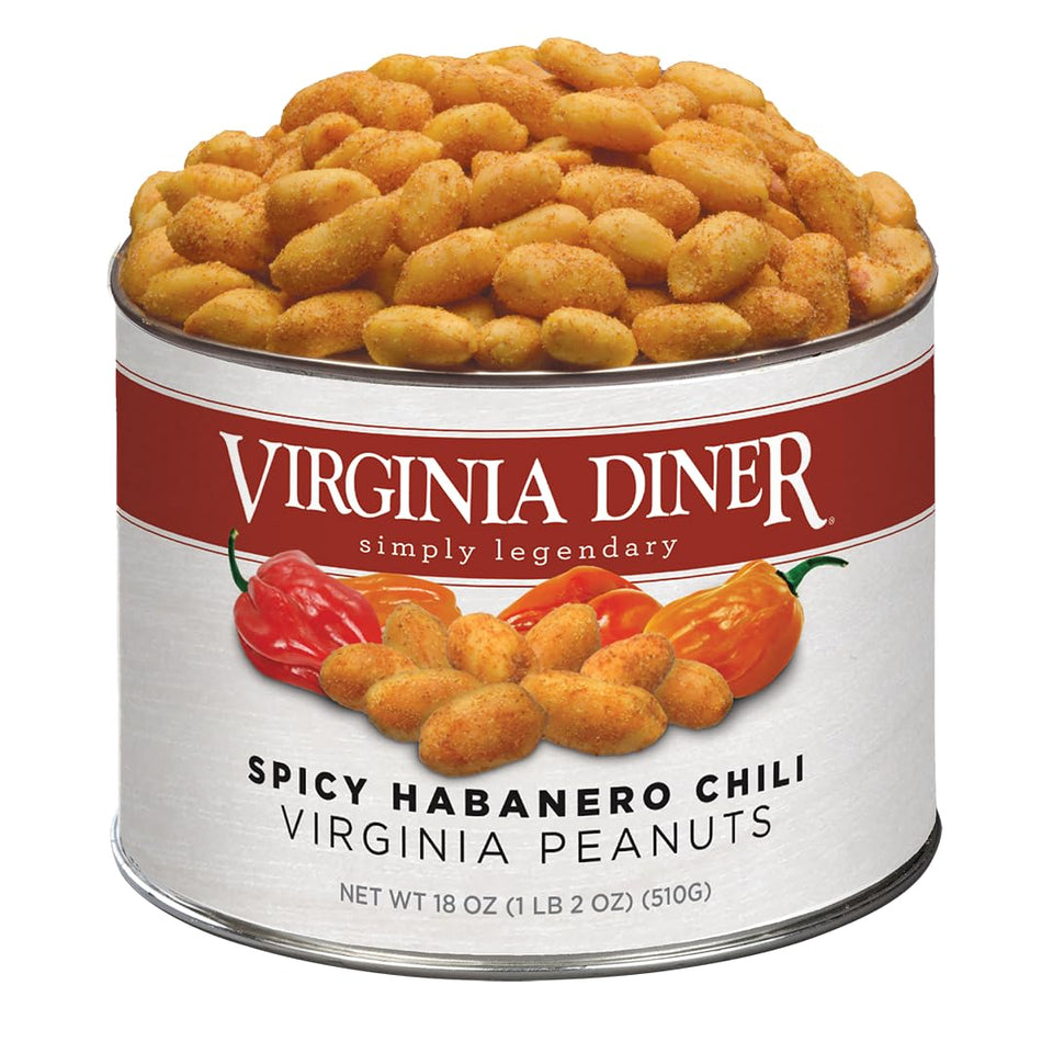 Virginia Diner spicy habanero peanuts in a gift tin offer bold heat and resealability for party snacking