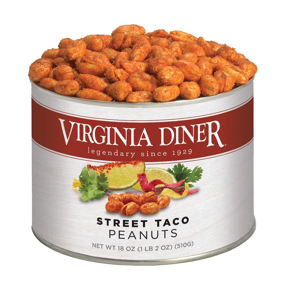 Virginia Diner Street Taco Peanuts tin front, bold flavor in a convenient snack.