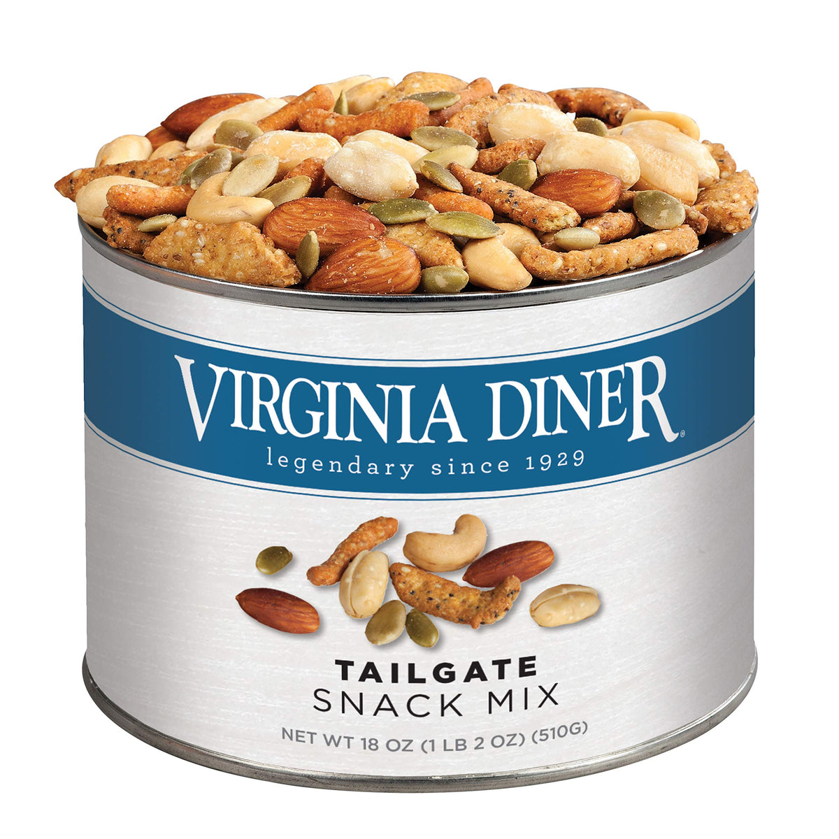 Virginia Diner Tailgate Snack Mix tin with premium peanuts for easy entertaining.