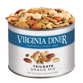 Virginia Diner Tailgate Snack Mix tin with premium peanuts for easy entertaining.
