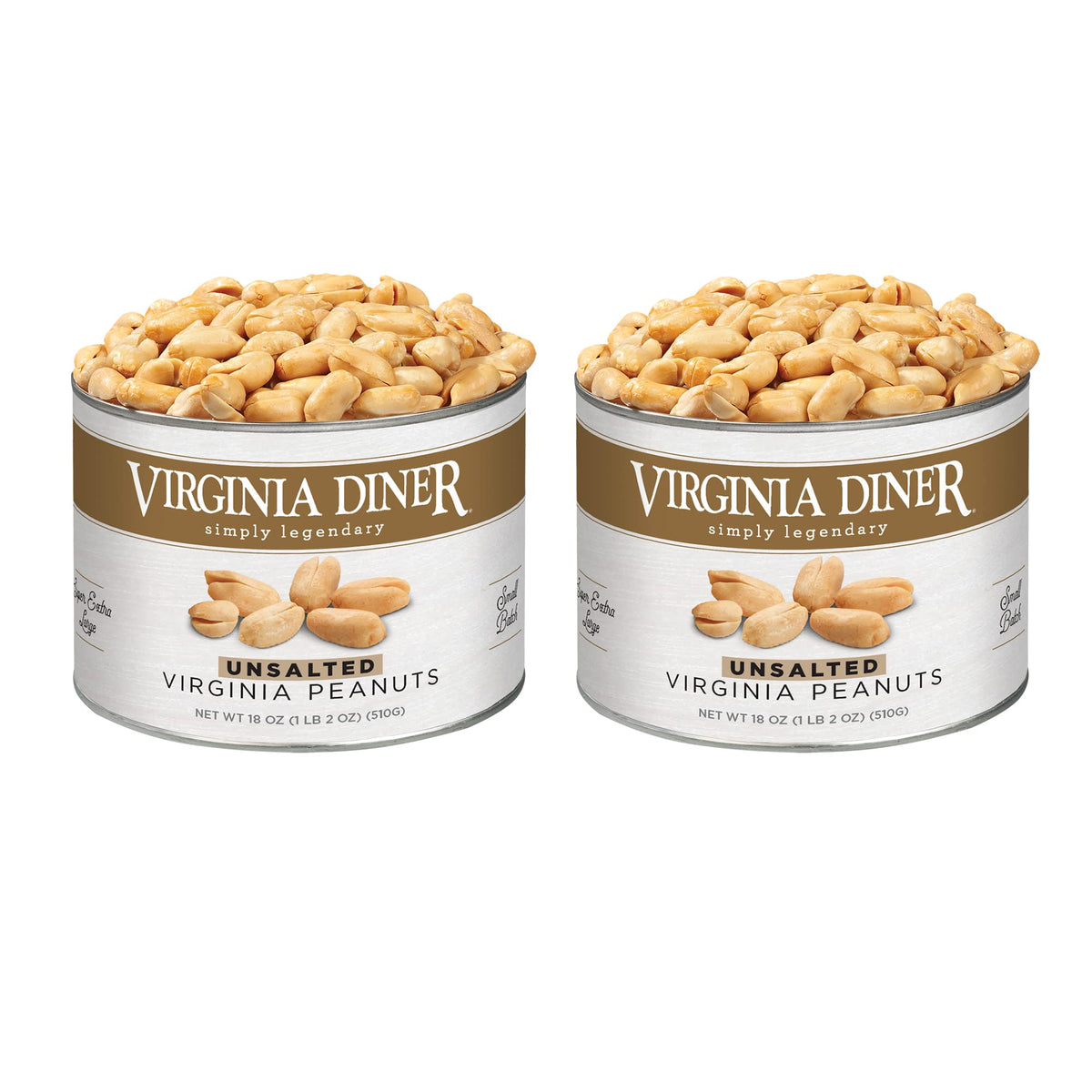 Virginia Diner unsalted peanuts in a vacuum-sealed tin for lasting freshness.