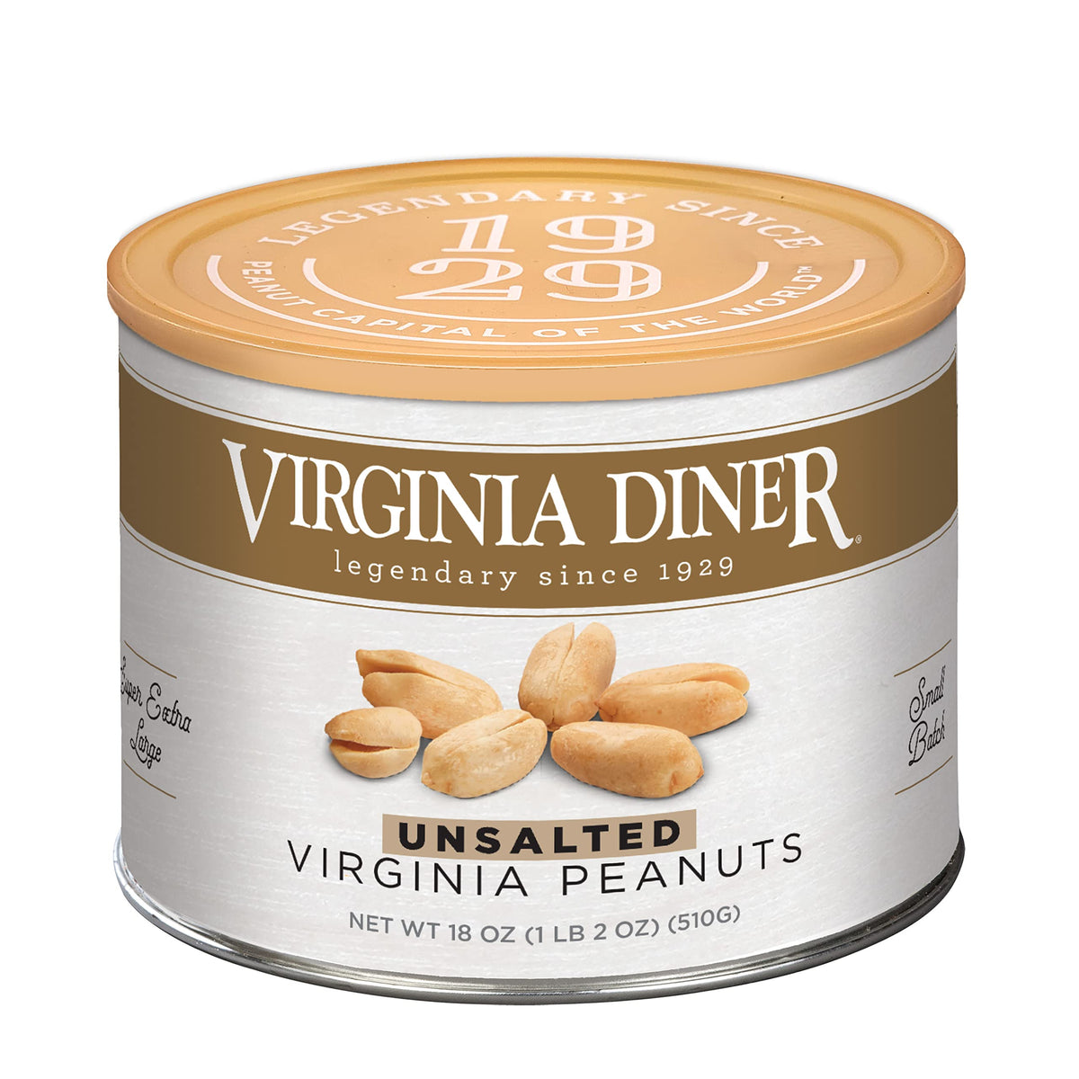 Virginia Diner unsalted peanuts in a vacuum-sealed tin packaging for freshness.