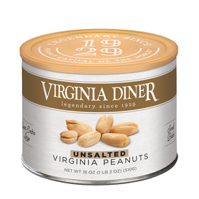 Virginia Diner unsalted peanuts in a vacuum-sealed tin packaging for freshness.