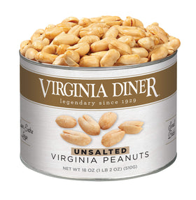 Virginia Diner unsalted peanuts in XL can, premium snack option.
