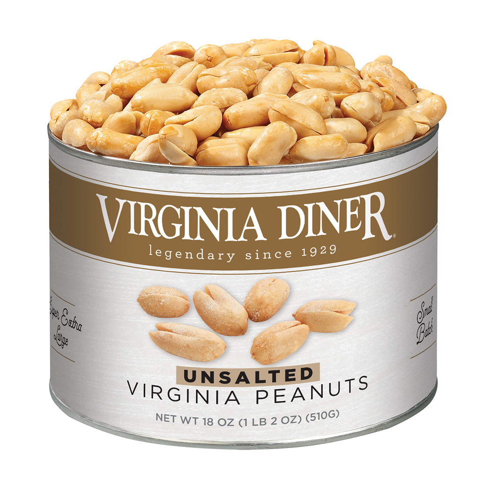 Virginia Diner unsalted peanuts in XL can, premium snack option.