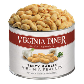 Virginia Diner zesty garlic peanuts in a resealable tin, ideal for everyday snacking.