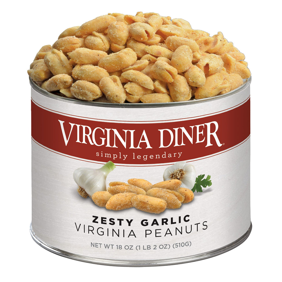 Virginia Diner zesty garlic peanuts in a resealable tin, ideal for everyday snacking.