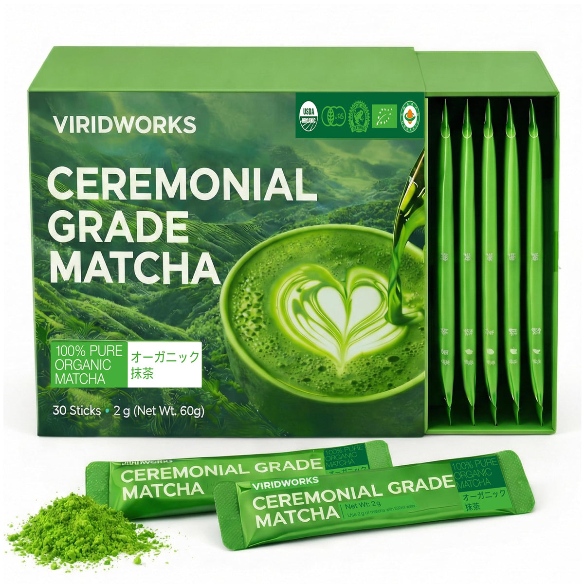 ViridWorks ceremonial-grade matcha stick packet for quick ritual preparation