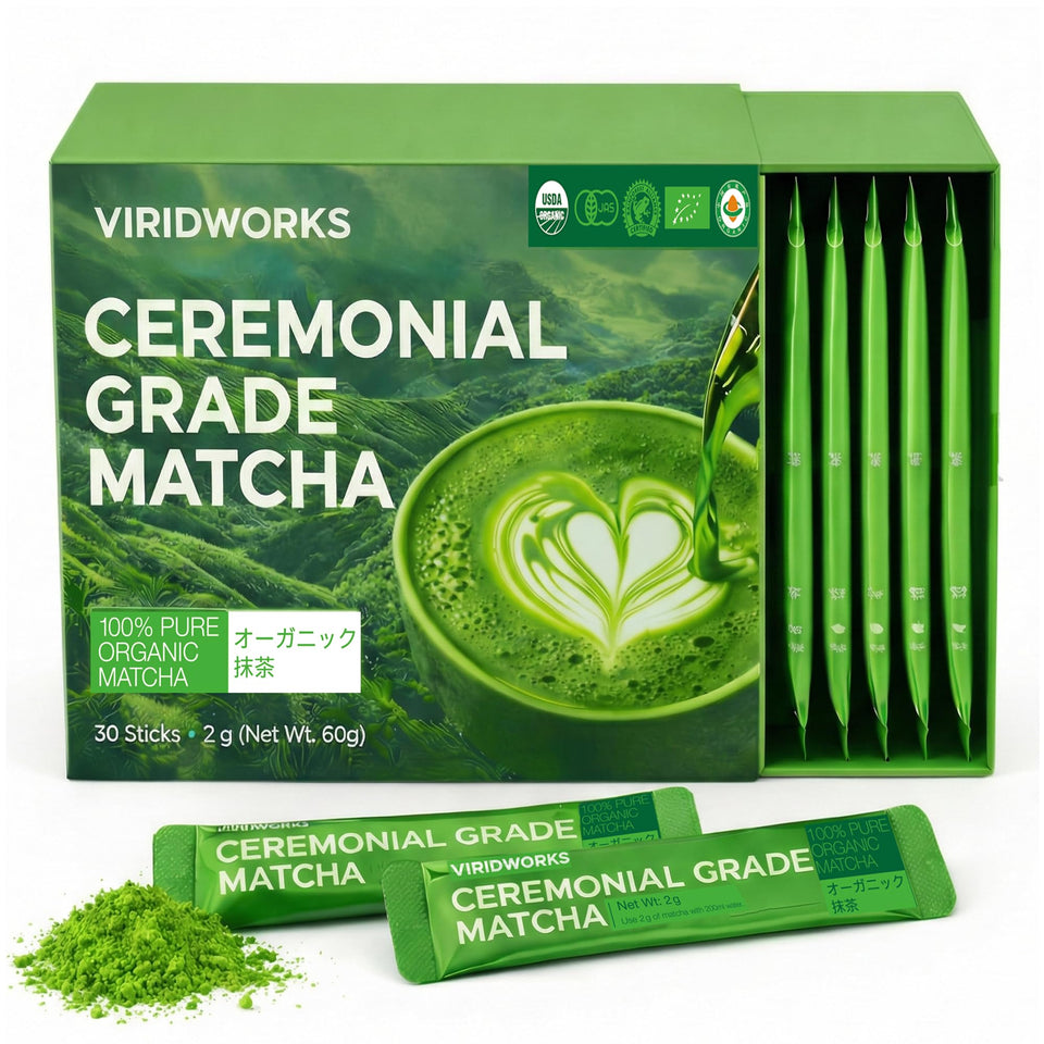ViridWorks ceremonial-grade matcha stick packet for quick ritual preparation