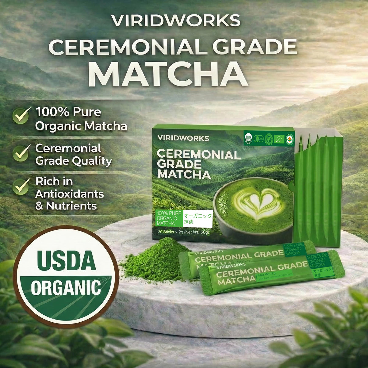 ViridWorks matcha foamy brew close-up highlights smooth, savory flavor