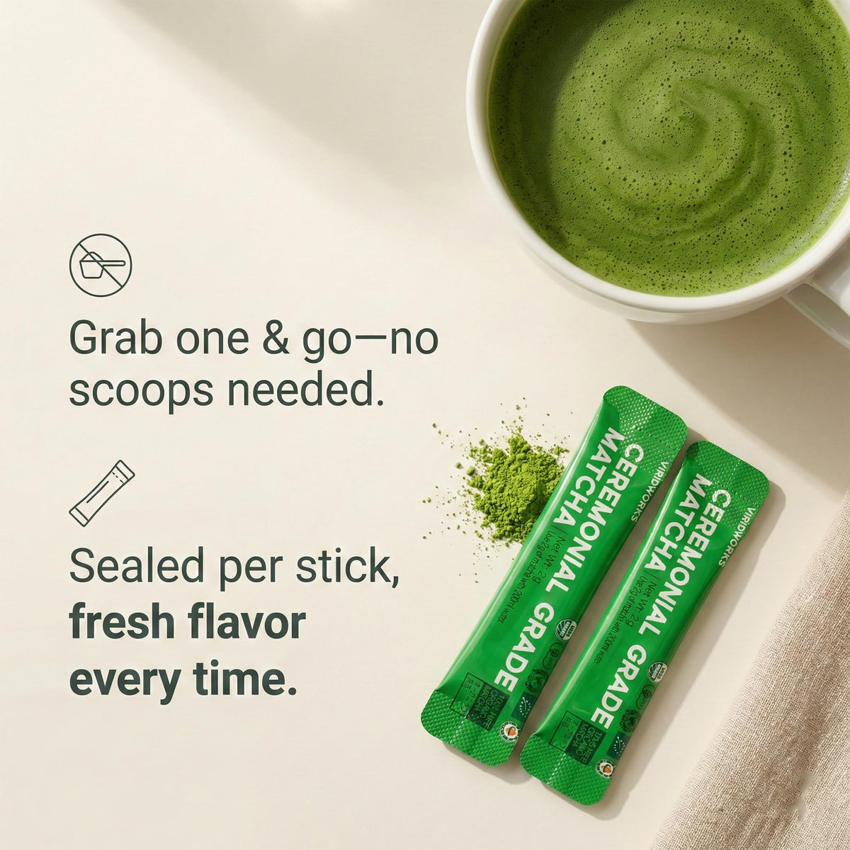 ViridWorks on-the-go matcha stick pack for travel or gym use
