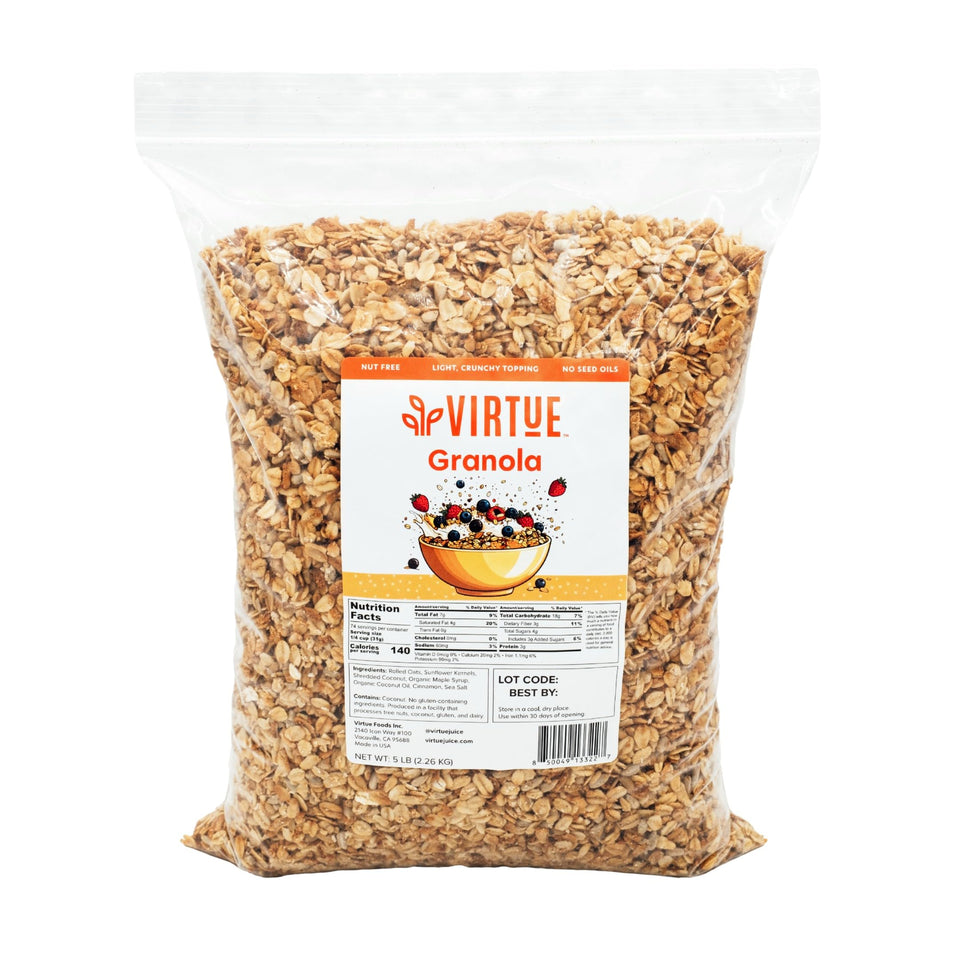 Virtue Foods bulk granola in a 5lb bag ideal for pantry storage and toppings