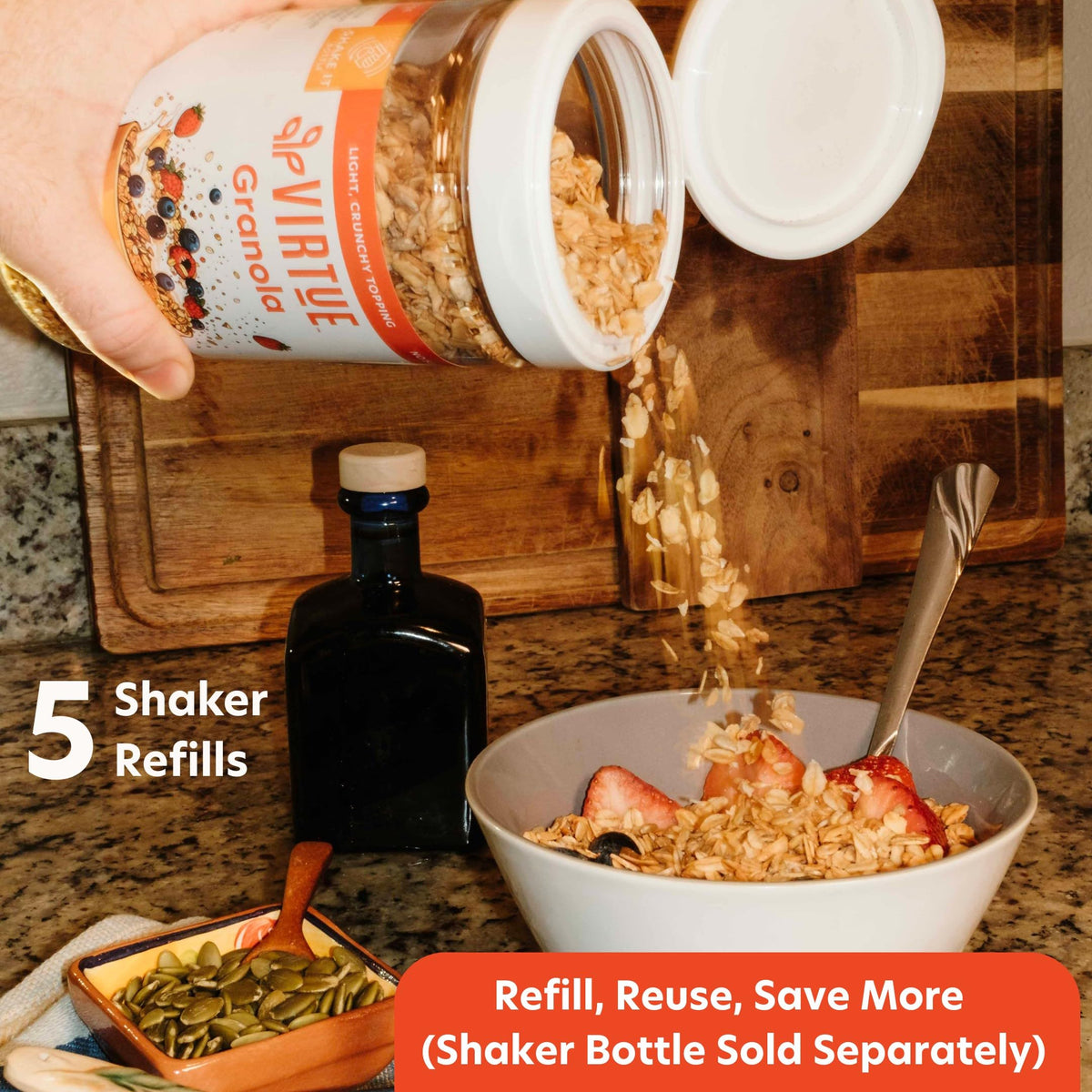 Virtue Foods granola atop yogurt highlighting nut-free, gluten-free options