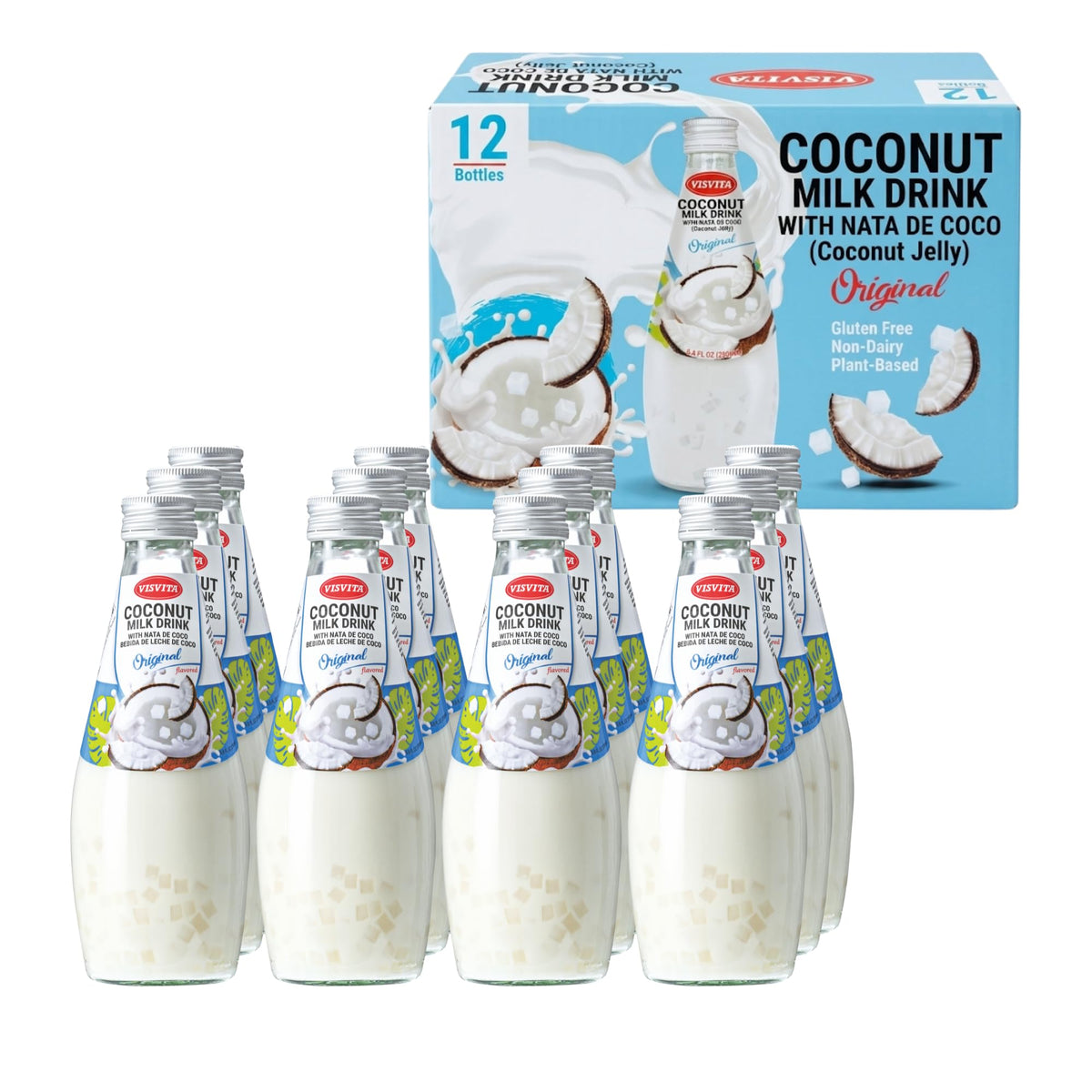 Visvita coconut milk drink bottle with nata de coco pearls for refreshing plant-based hydration.