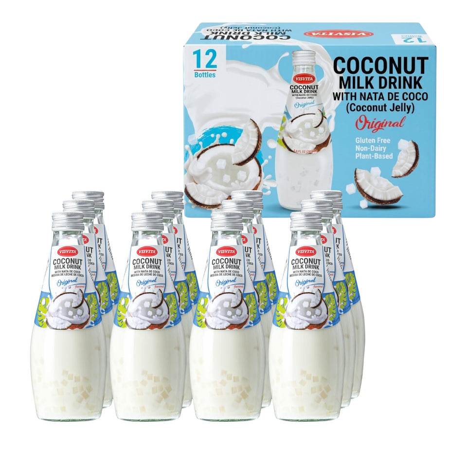 Visvita coconut milk drink bottle with nata de coco pearls for refreshing plant-based hydration.