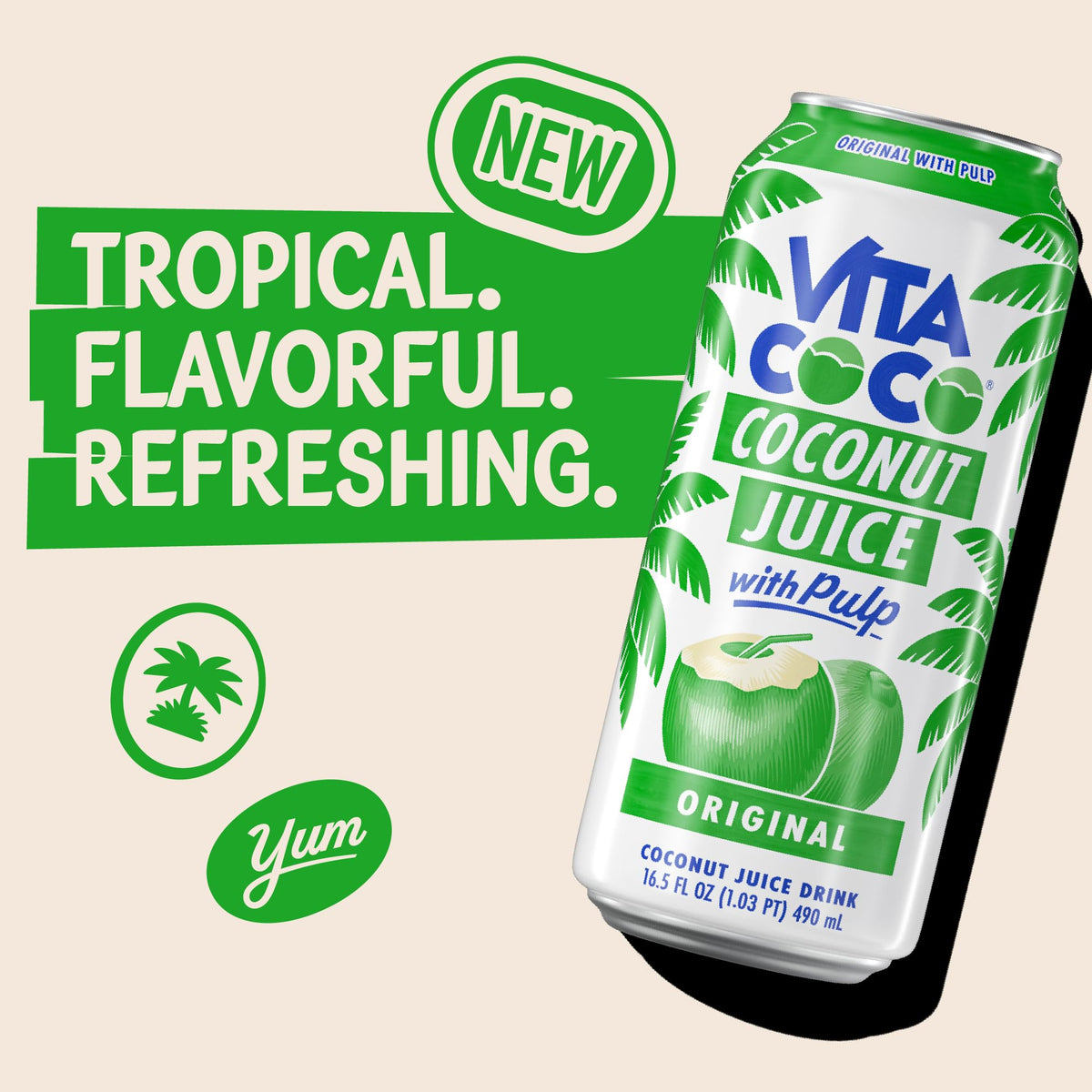 Vita Coco Coconut Juice with Pulp can side view highlights sweet, pulpy texture.
