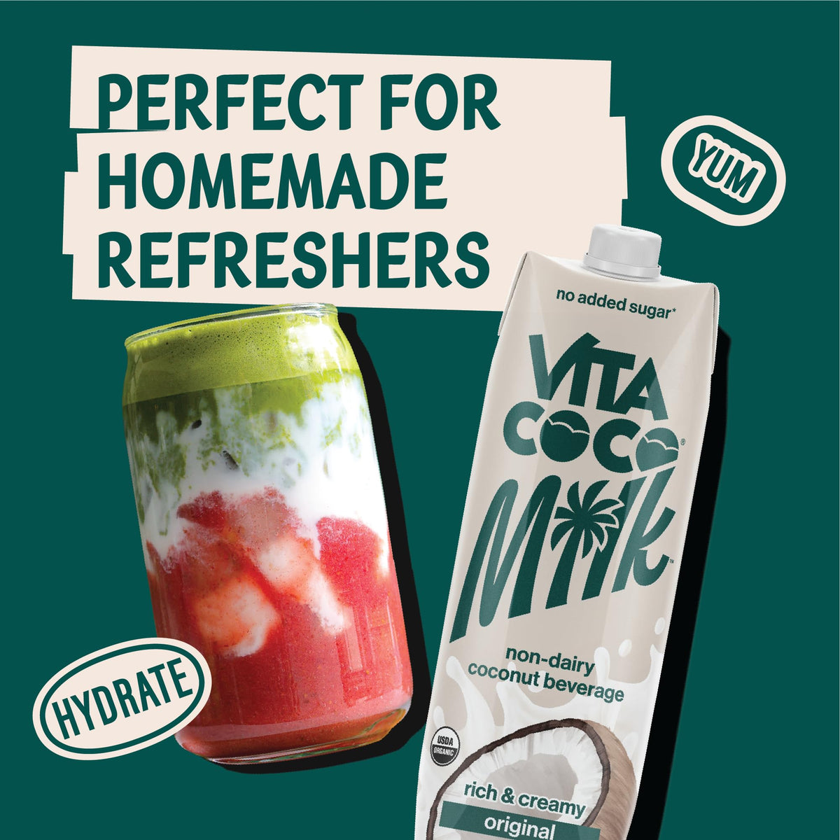 Vita Coco Coconut Milk unsweetened-label emphasizes no added sugar and dairy-free goodness.