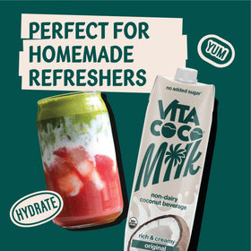 Vita Coco Coconut Milk unsweetened-label emphasizes no added sugar and dairy-free goodness.