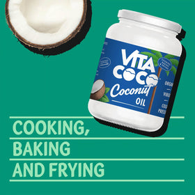 Vita Coco oil pouring from spoon for sautéing and baking