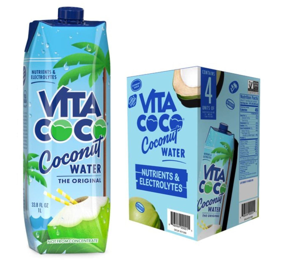 Vita Coco coconut water bottle tilt — ready-to-drink hydration for on-the-go refreshment.