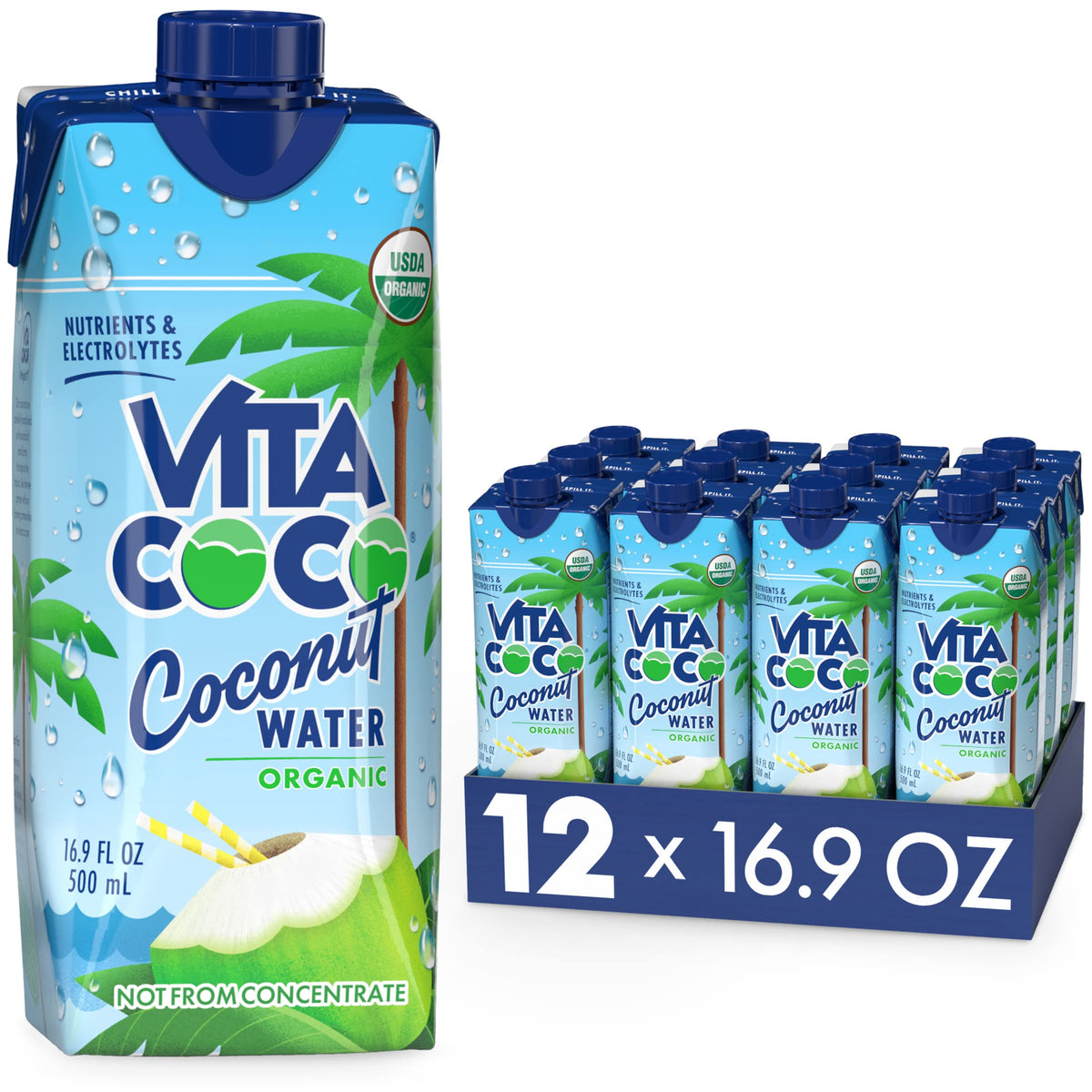 Vita Coco coconut water bottle emphasizes natural hydration and tropical flavor.