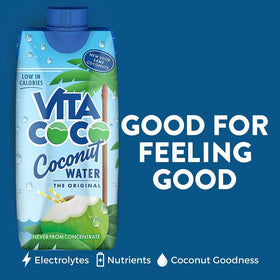 Close-up of Vita Coco Original pouring over ice with tropical flavor.