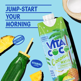 Vita Coco Pineapple coconut water in a glass, highlighting tropical flavor and electrolytes