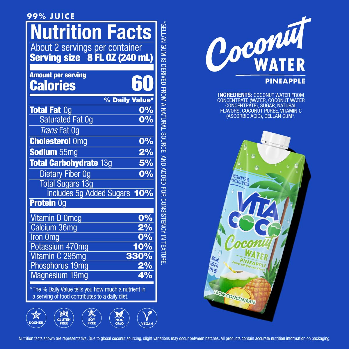 Vita Coco Pineapple tetra-pak carton shows shelf-stable hydration with tropical taste