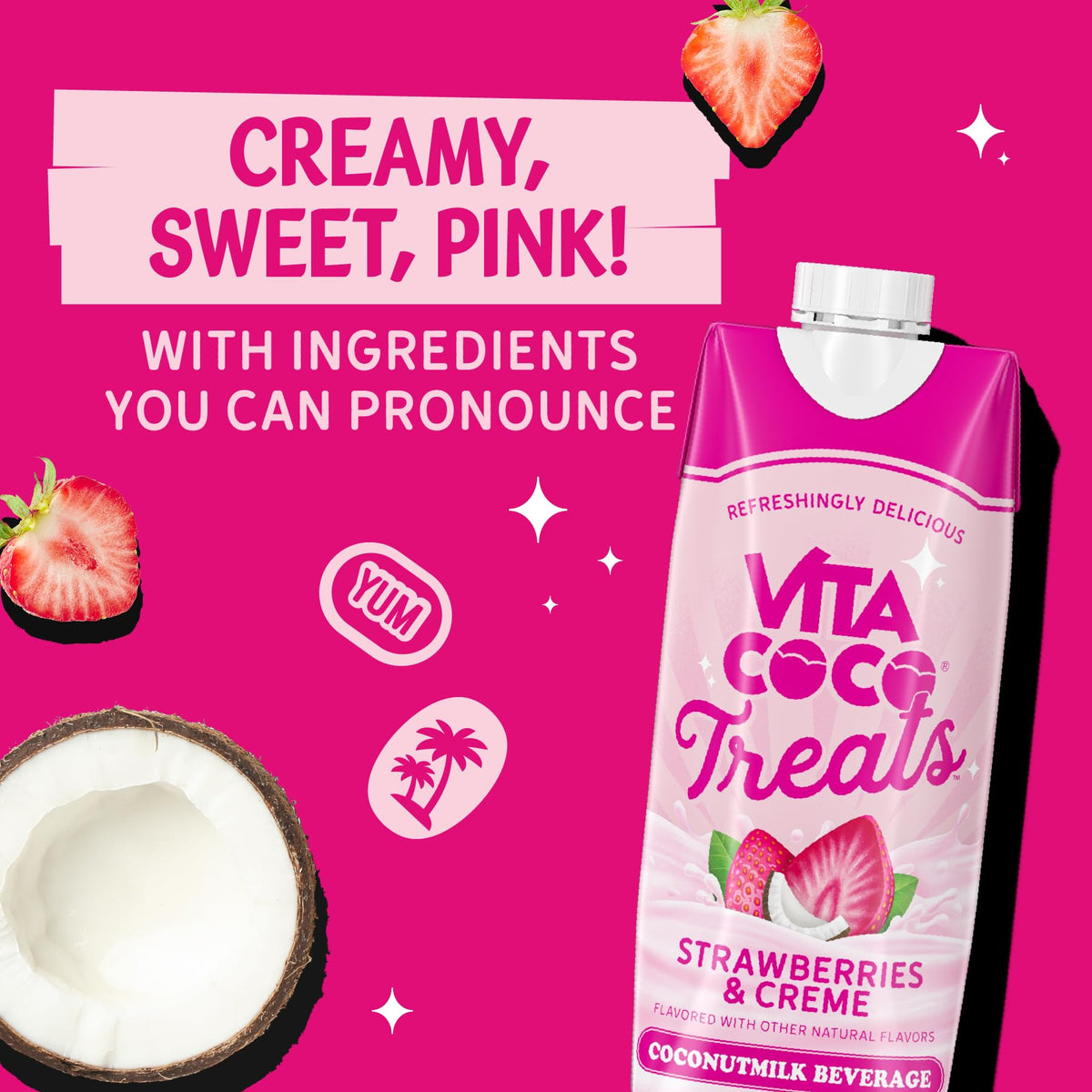 Vita Coco Treats Strawberries and Creme coconut milk drink poured into a glass.
