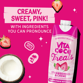 Vita Coco Treats Strawberries and Creme coconut milk drink poured into a glass.