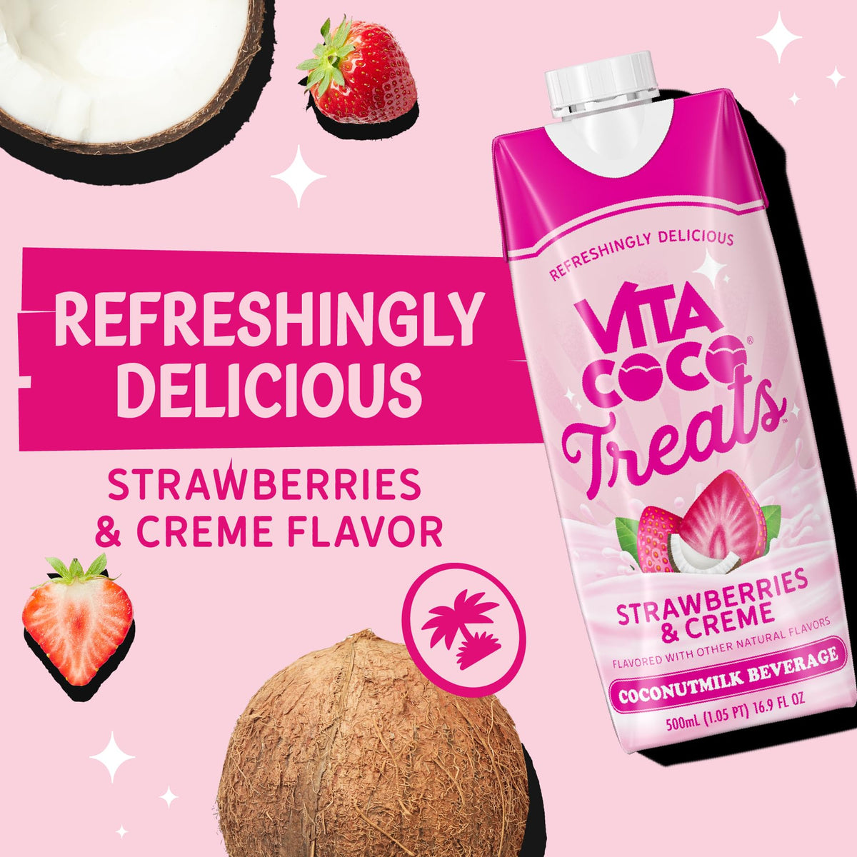 Vita Coco Treats non-GMO coconut milk drink with a certification badge.