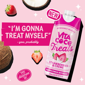 Vita Coco Treats Strawberries and Creme bottle tilted to showcase pink color.