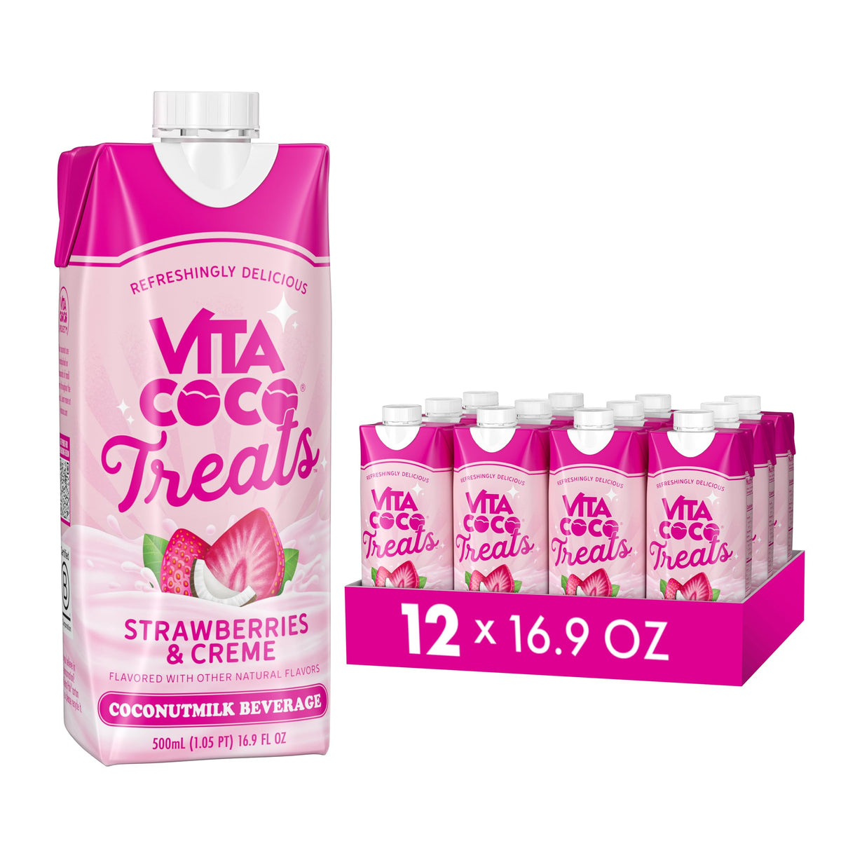Vita Coco Treats Strawberries and Creme 12-pack bottles on display, a refreshing dairy-free treat.