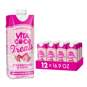 Vita Coco Treats Strawberries and Creme 12-pack bottles on display, a refreshing dairy-free treat.