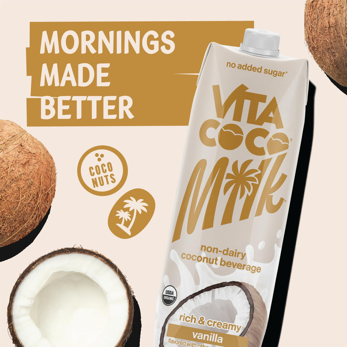 Vita Coco Vanilla Organic Coconut Milk pour shows smooth unsweetened plant-based milk