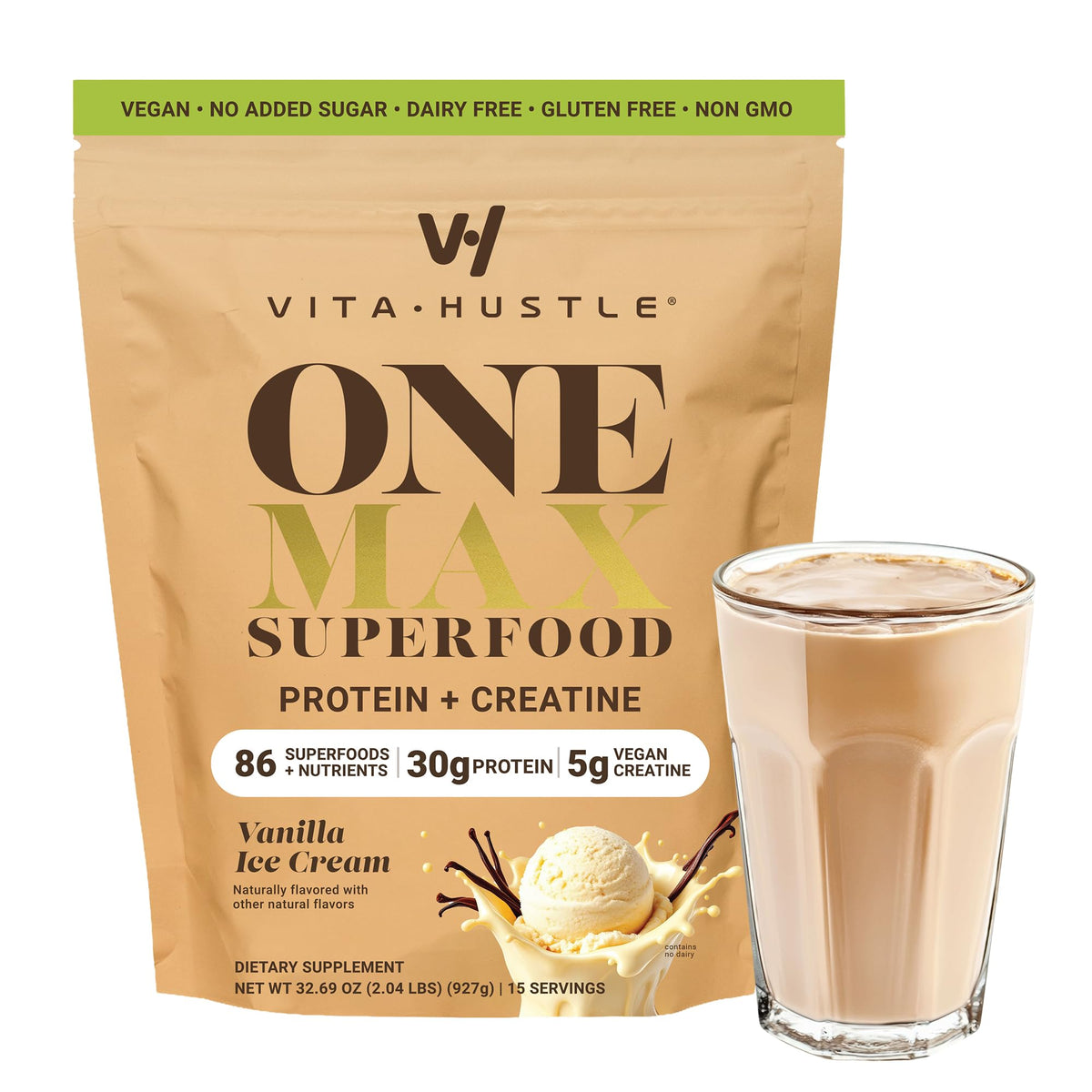 VitaHustle ONE Max vanilla protein shake ready for post-workout recovery in a creamy glass