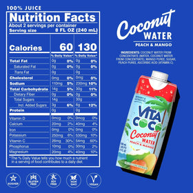 Chilled Vita Coco Peach & Mango bottle with ice suggests refreshing, ready to sip