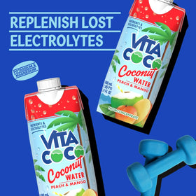 Front label of Vita Coco Peach & Mango highlighting gluten-free and non-GMO attributes