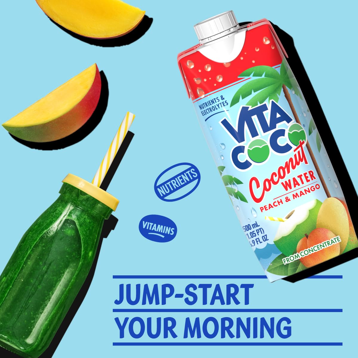 Close-up of Vita Coco Peach & Mango label, tropical fruit blend visible