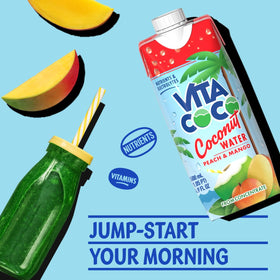 Close-up of Vita Coco Peach & Mango label, tropical fruit blend visible