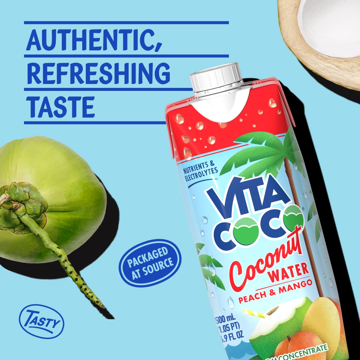 12-pack Vita Coco Peach & Mango bottles ready for stocking and sharing hydration