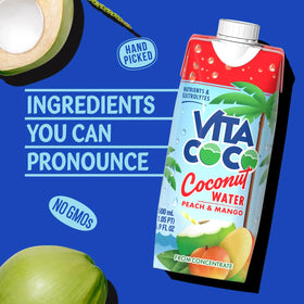 Vita Coco Peach & Mango being poured into a glass shows natural electrolytes