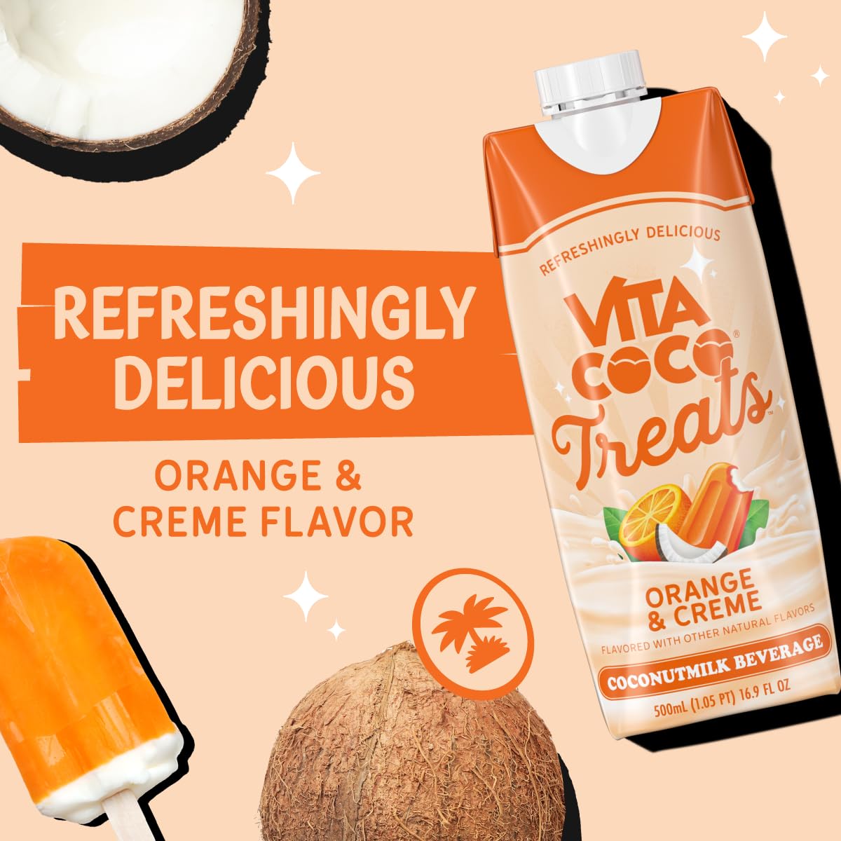 Close-up shows orange swirl with creamy coconut texture for indulgent sipping
